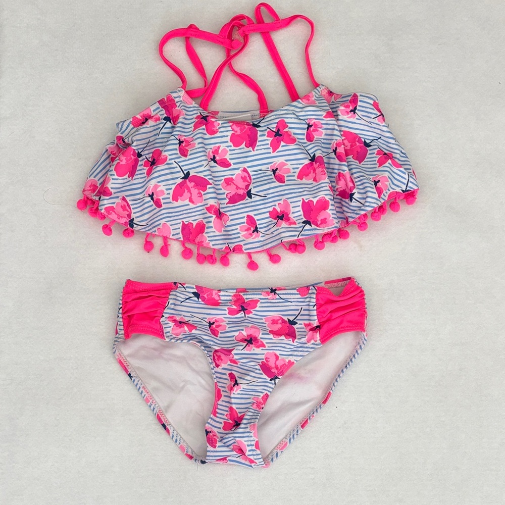 Pink Floral Bikini Set with Pom Pom Trim